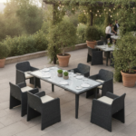 Black Resin Wicker Table & 8 Woven Armchairs