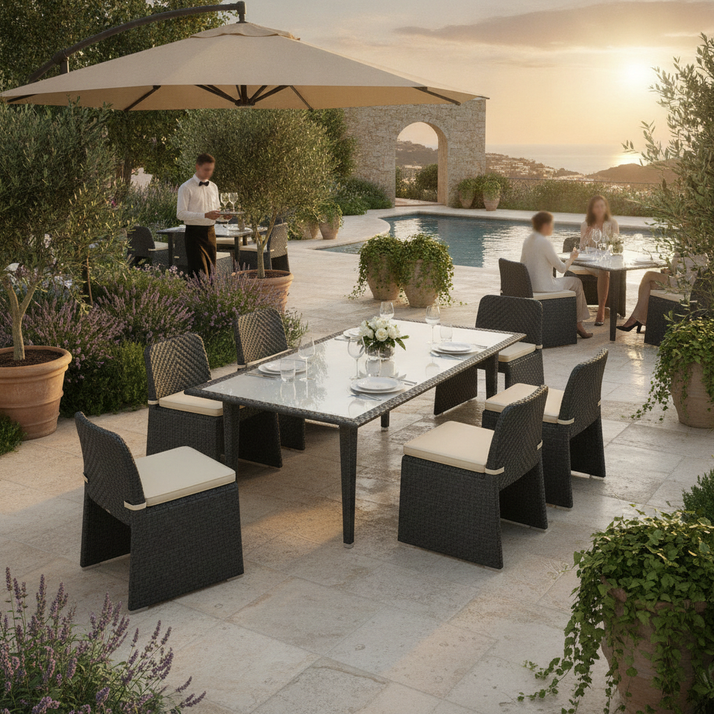 Black Resin Wicker Table & 8 Woven Armchairs