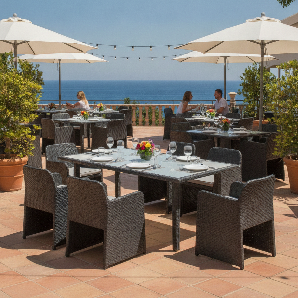 Black Resin Wicker Table & 8 Woven Armchairs