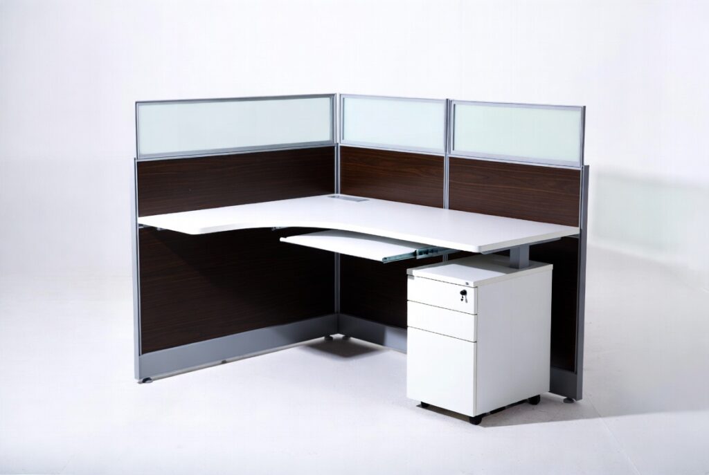 Teak Wood & Studio White 4-Way Modular L-Shape Cubicle Workstation ...
