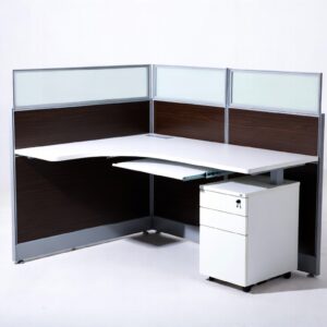 Teak Wood & Studio White 4-Way Modular L-Shape Cubicle Workstation