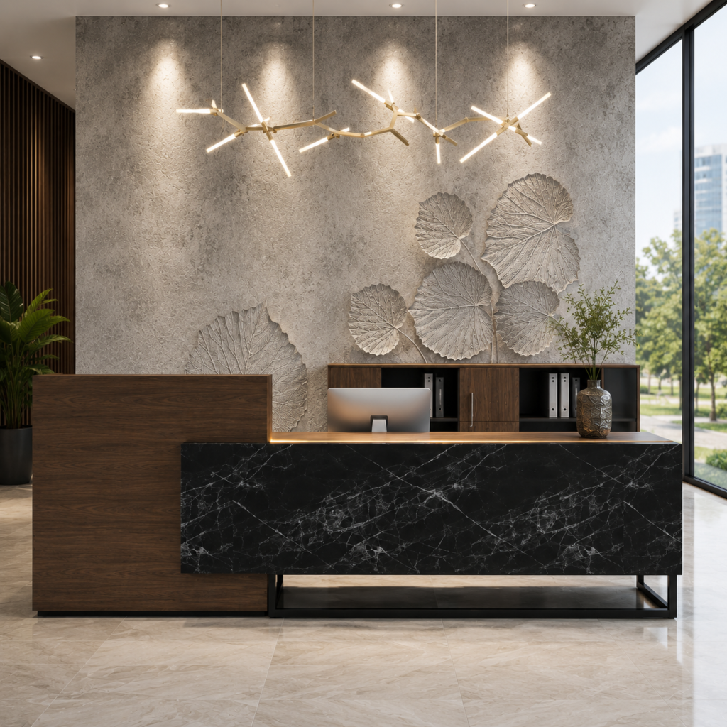Modern Reception Desk Black Marble-Like Stone on Front | FH-RD0321