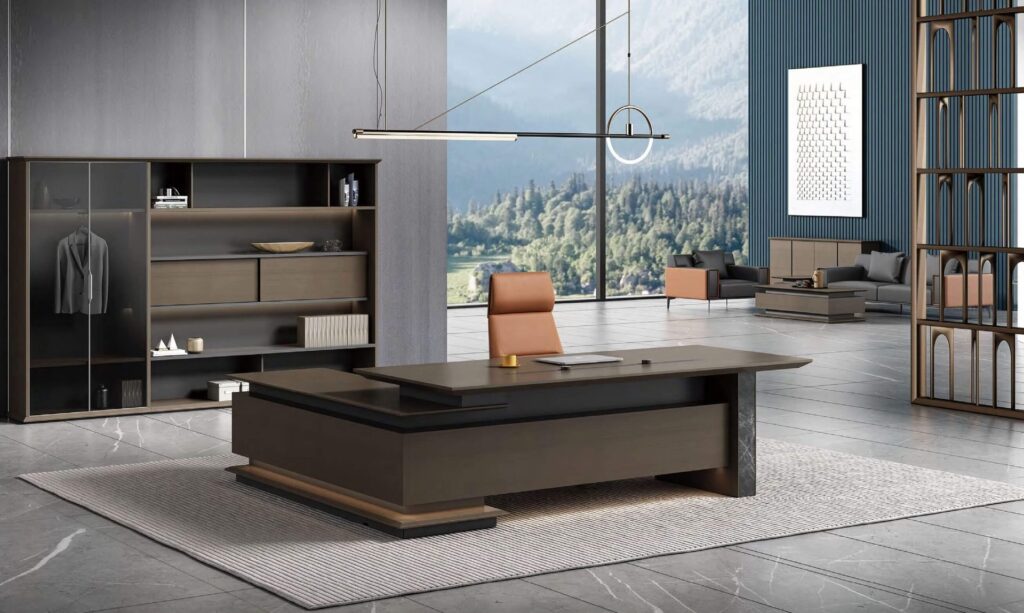 FOH-WW-PG01 - L Shaped Dark Executive Desk Panel Base full office setup