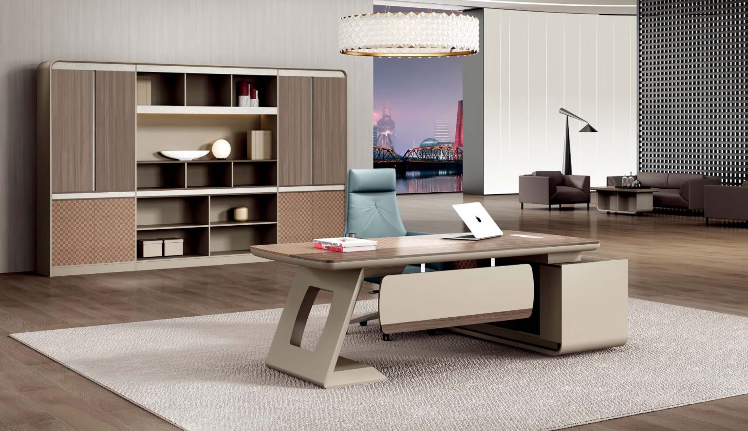 Table Slant L Shaped Golden Silk Wood Executive Table with Slant Leg | FOH-WW-PG05