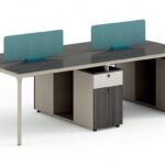 FOH-WW-PG56 - Purple Wood, Khaki, White Stone Pattern Metallic Legged Workstation Aquatic Baffle four seater