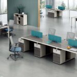 FOH-WW-PG56 - Purple Wood, Khaki, White Stone Pattern Metallic Legged Workstation Aquatic Baffle full office setup