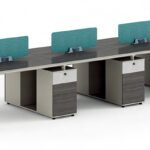 FOH-WW-PG56 - Purple Wood, Khaki, White Stone Pattern Metallic Legged Workstation Aquatic Baffle six seater