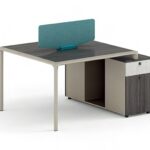 FOH-WW-PG56 - Purple Wood, Khaki, White Stone Pattern Metallic Legged Workstation Aquatic Baffle two seater