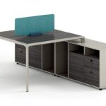 FOH-WW-PG56 - Purple Wood, Khaki, White Stone Pattern Metallic Legged Workstation Aquatic Baffle two seater more storage space