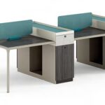 FOH-WW-PG57 - Purple Wood, Khaki, White Stone Pattern Metallic Legged Workstation Tall Drawers Section four seater