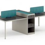 FOH-WW-PG57 - Purple Wood, Khaki, White Stone Pattern Metallic Legged Workstation Tall Drawers Section two seater middle storage