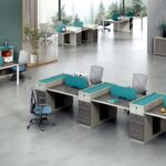 FOH-WW-PG57 - Purple Wood, Khaki, White Stone Pattern Metallic Legged Workstation Tall Drawers Section full office setup