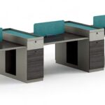 FOH-WW-PG57 - Purple Wood, Khaki, White Stone Pattern Metallic Legged Workstation Tall Drawers Section six seater