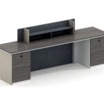 FOH-WW-PG59 – White Purple Wood Top Reception Desk Black Stone Pattern Skirting and Baffle backside view