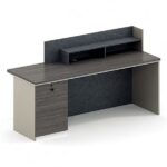 FOH-WW-PG59 – White Purple Wood Top Reception Desk Black Stone Pattern Skirting and Baffle one sided skirting backside view