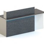 FOH-WW-PG59 – White Purple Wood Top Reception Desk Black Stone Pattern Skirting and Baffle one sided skirting front view