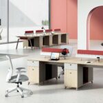 FOH-WW-PG61 – Camphor Wood Executive Workstation with Khaki & Red Baffles full office setup view