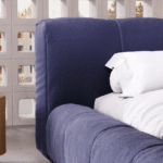 Blue Wooden Bed for Villa, Apartment, Airbnb Bedroom - FOH-VABJ25-003 side table close up view