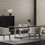 Oval Marble Top Dining Table – Upholstered Crescent Armchair for Villa, Apartment, Airbnb Bedroom - FOH-VABJ25-011 diagonal view