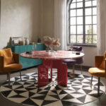 Round Multi Dining Table Upholstered Winged Armchairs – FOH-VABJ25-010 full setup view
