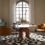 Round Multi Dining Table Upholstered Winged Armchairs – FOH-VABJ25-010 window front view