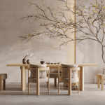 Panel Legged Wooden Dining Table – 3 Legged Elbow Chair for Villa, Apartment, Airbnb Bedroom - FOH-VABJ25-012