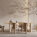 Panel Legged Wooden Dining Table – 3 Legged Elbow Chair for Villa, Apartment, Airbnb Bedroom - FOH-VABJ25-012 full setup
