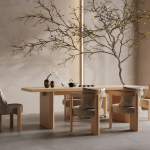 Panel Legged Wooden Dining Table – 3 Legged Elbow Chair for Villa, Apartment, Airbnb Bedroom - FOH-VABJ25-012 full closeup view