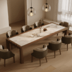 Wooden Dining Table – Green Backrest Crescent Armchairs for Villa, Apartment, Airbnb Bedroom - FOH-VABJ25-013 full setup view