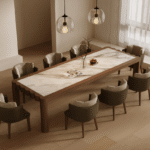 Wooden Dining Table – Green Backrest Crescent Armchairs for Villa, Apartment, Airbnb Bedroom - FOH-VABJ25-013