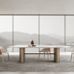 Oval Marble Top Dining Table – Orange Leather Crescent Chairs for Villa, Apartment, Airbnb Bedroom - FOH-VABJ25-014 far view