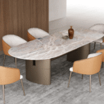 Oval Marble Top Dining Table – Orange Leather Crescent Chairs for Villa, Apartment, Airbnb Bedroom - FOH-VABJ25-014 top full view
