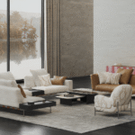 Contemporary Modular Living Room Sofa Set with Chaise Lounge, Marble Coffee Tables & Accent Chair for Villas, Apartments & Airbnb– FOH VABJ25 015 accent chair back view