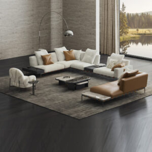 Contemporary Modular Living Room Sofa Set with Chaise Lounge, Marble Coffee Tables & Accent Chair for Villas, Apartments & Airbnb– FOH VABJ25 015