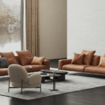 Modern Tan Leather Living Room Sofa with Low-Profile Back & Marble Coffee Tables for Villas, Apartments & Airbnb – FOH VABJ25 016 accent chair back view