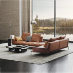 Modern Tan Leather Living Room Sofa with Low-Profile Back & Marble Coffee Tables for Villas, Apartments & Airbnb – FOH VABJ25 016