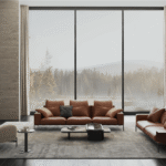 Modern Tan Leather Living Room Sofa with Low-Profile Back & Marble Coffee Tables for Villas, Apartments & Airbnb – FOH VABJ25 016 no lamp