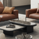 Modern Tan Leather Living Room Sofa with Low-Profile Back & Marble Coffee Tables for Villas, Apartments & Airbnb – FOH VABJ25 016 coffee table view