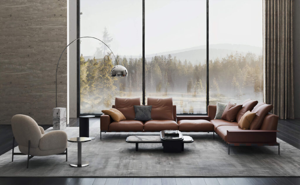 Modern Tan Leather Living Room Sofa with Low-Profile Back & Marble Coffee Tables for Villas, Apartments & Airbnb – FOH VABJ25 016 window front view with lamp