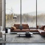 Modern Tan Leather Living Room Sofa with Low-Profile Back & Marble Coffee Tables for Villas, Apartments & Airbnb – FOH VABJ25 016 window front view with lamp