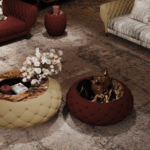 Classic Red Sofa with Tufted Coffee Round Tables, Floral Armchairs & Mixed Seating For Villas, Apartments & Airbnb – FOH-VABJ25 017 top view