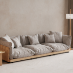 Natural Rattan Frame Sofa Set with Plush Cushions & Wooden Armchair for Villa, Apartment & Airbnb – FOH-VABJ25 018 low base sofa