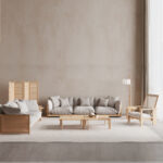 Natural Rattan Frame Sofa Set with Plush Cushions & Wooden Armchair for Villa, Apartment & Airbnb – FOH-VABJ25 018