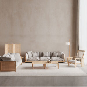 Natural Rattan Frame Sofa Set with Plush Cushions & Wooden Armchair for Villa, Apartment & Airbnb – FOH-VABJ25 018