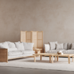 Natural Rattan Frame Sofa Set with Plush Cushions & Wooden Armchair for Villa, Apartment & Airbnb – FOH-VABJ25 018 sofa view
