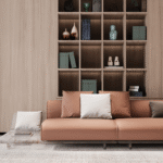 Contemporary Orange Leather Sofa Set with Matching Round Coffee Tables for Villas, Apartments & Airbnb – FOH-VABJ25 020 sofa front view