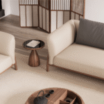 Beige and Grey Wood Modern Living Room Sofa Set with Low Wooden Coffee Tables for Villas, Apartments & Airbnb – FOH-VABJ25 021 top view