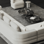 Contemporary L Shaped White Sectional Sofa Set with Black Stone Coffee Tables for Villas, Apartments & Airbnb – FOH-VABJ25 022 top- view