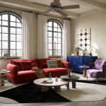 Modern Multi Color Velvet Sofa Set with Mauve Accent Chair & Nested Coffee Tables for Villas, Apartments & Airbnb – FOH-VABJ25 024 full setup