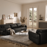 Modern Black Leather Sofa Set with Minimal Round Coffee Tables for Villas, Apartments & Airbnb – FOH-VABJ25-025 full setup